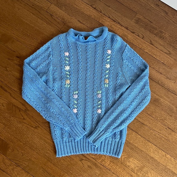 Vintage Baby Blue Knit Sweater with Floral Embroidery - Picture 7 of 10